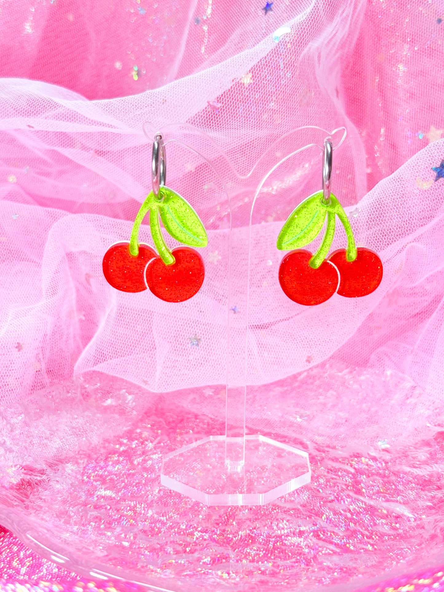 Candy Cherries, Acrylic Earrings (Red)
