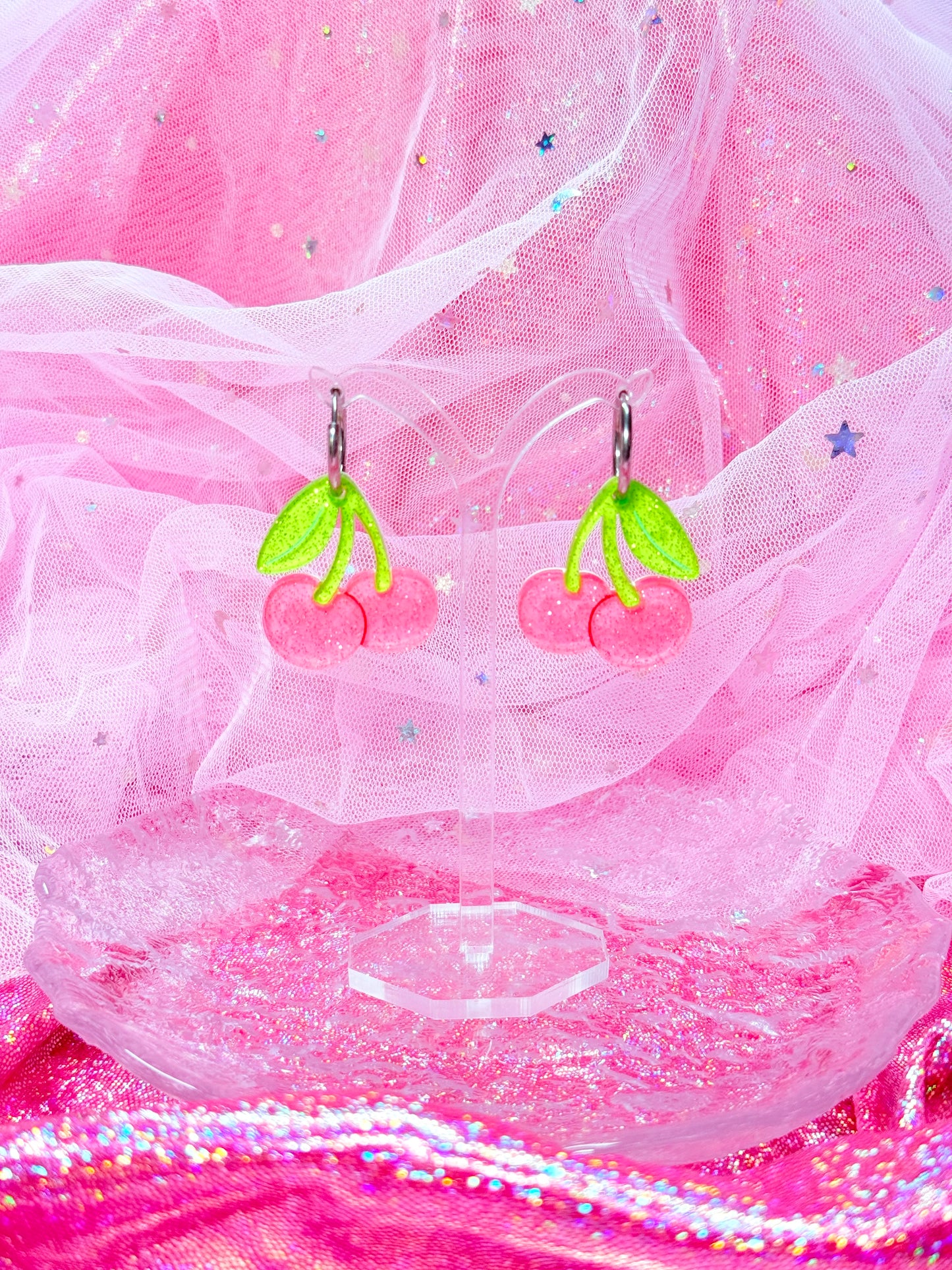 Candy Cherries, Acrylic Earrings (Pink)