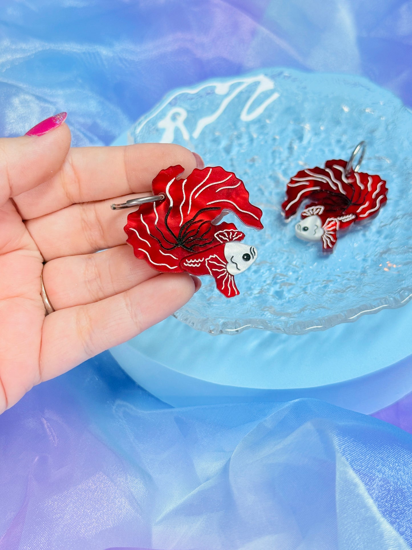 Betta Fish Acrylic Earrings (Red Pearl)