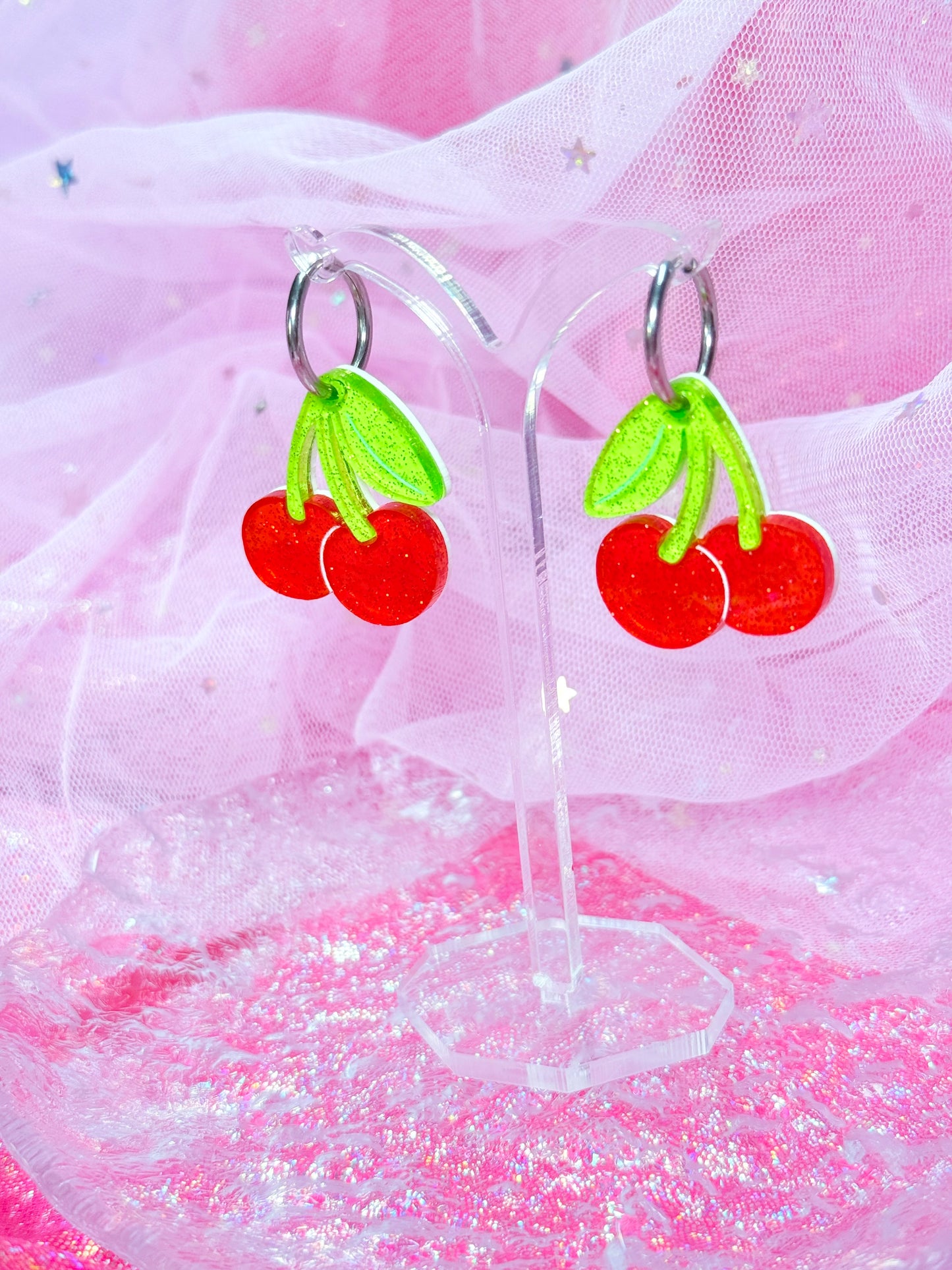 Candy Cherries, Acrylic Earrings (Red)
