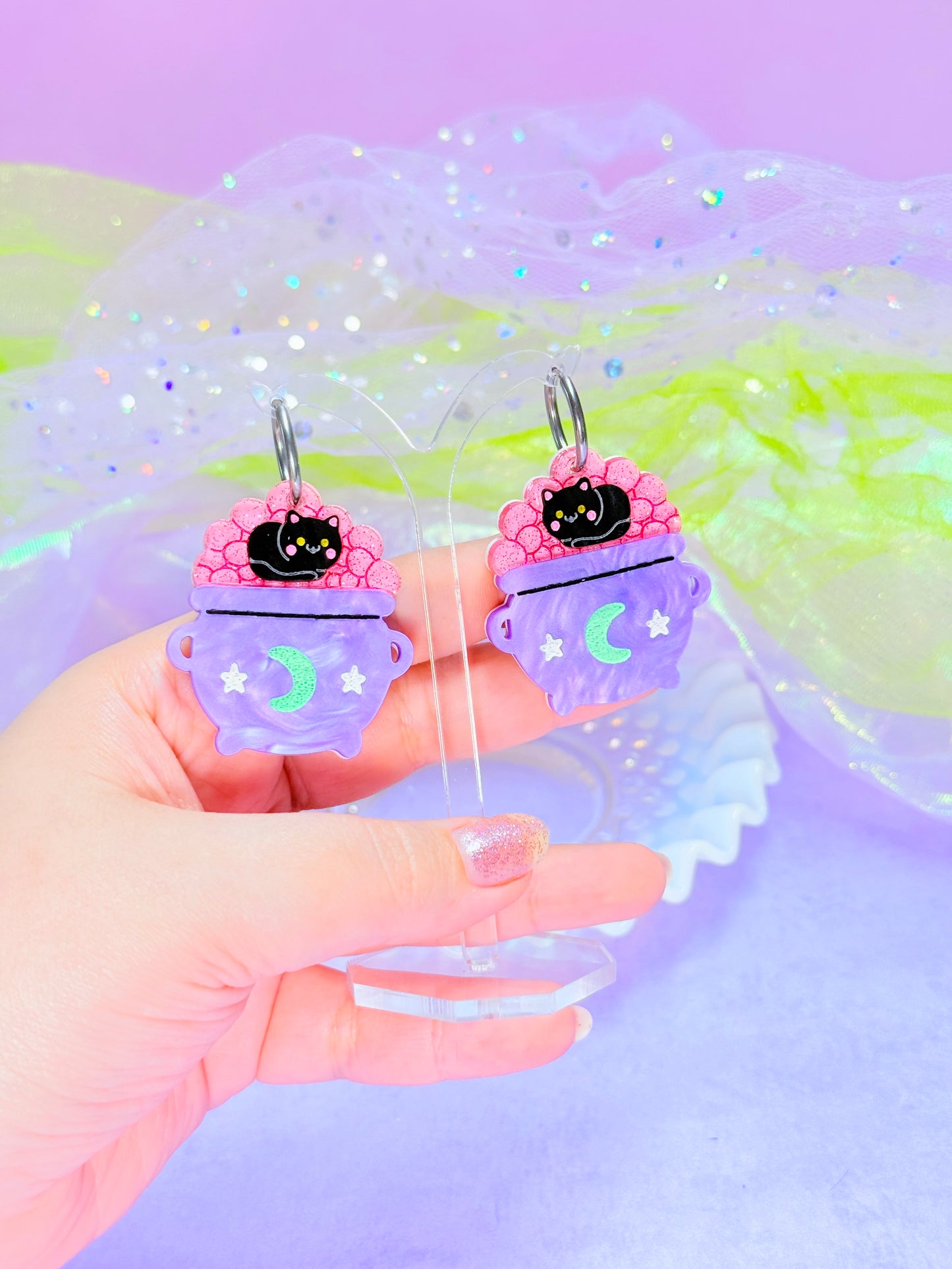 Kitty Cauldron Acrylic Earrings