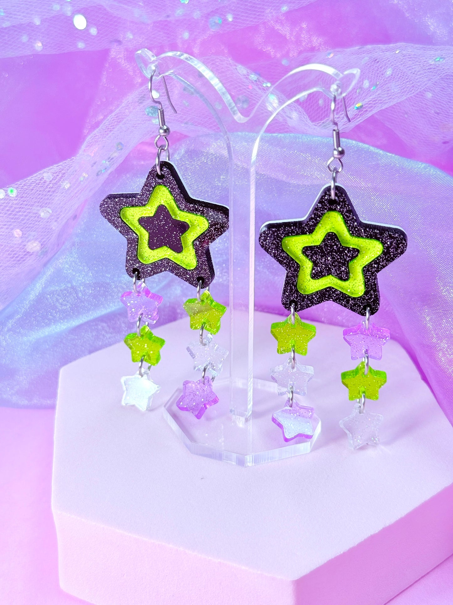 Funky Y2K Star Drop Earrings (Dark Neon)