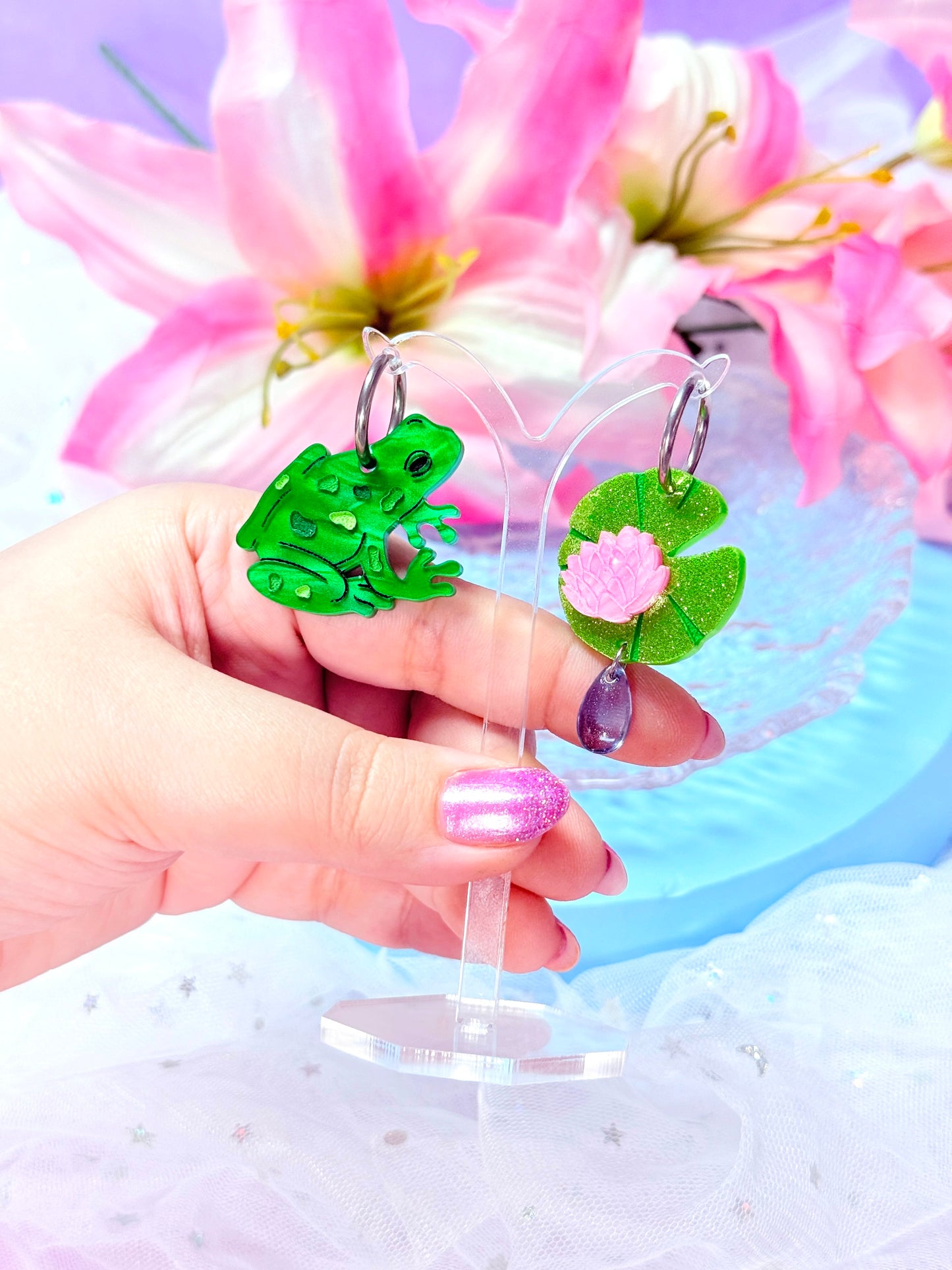 Frog and Lily Pad Acrylic Earrings