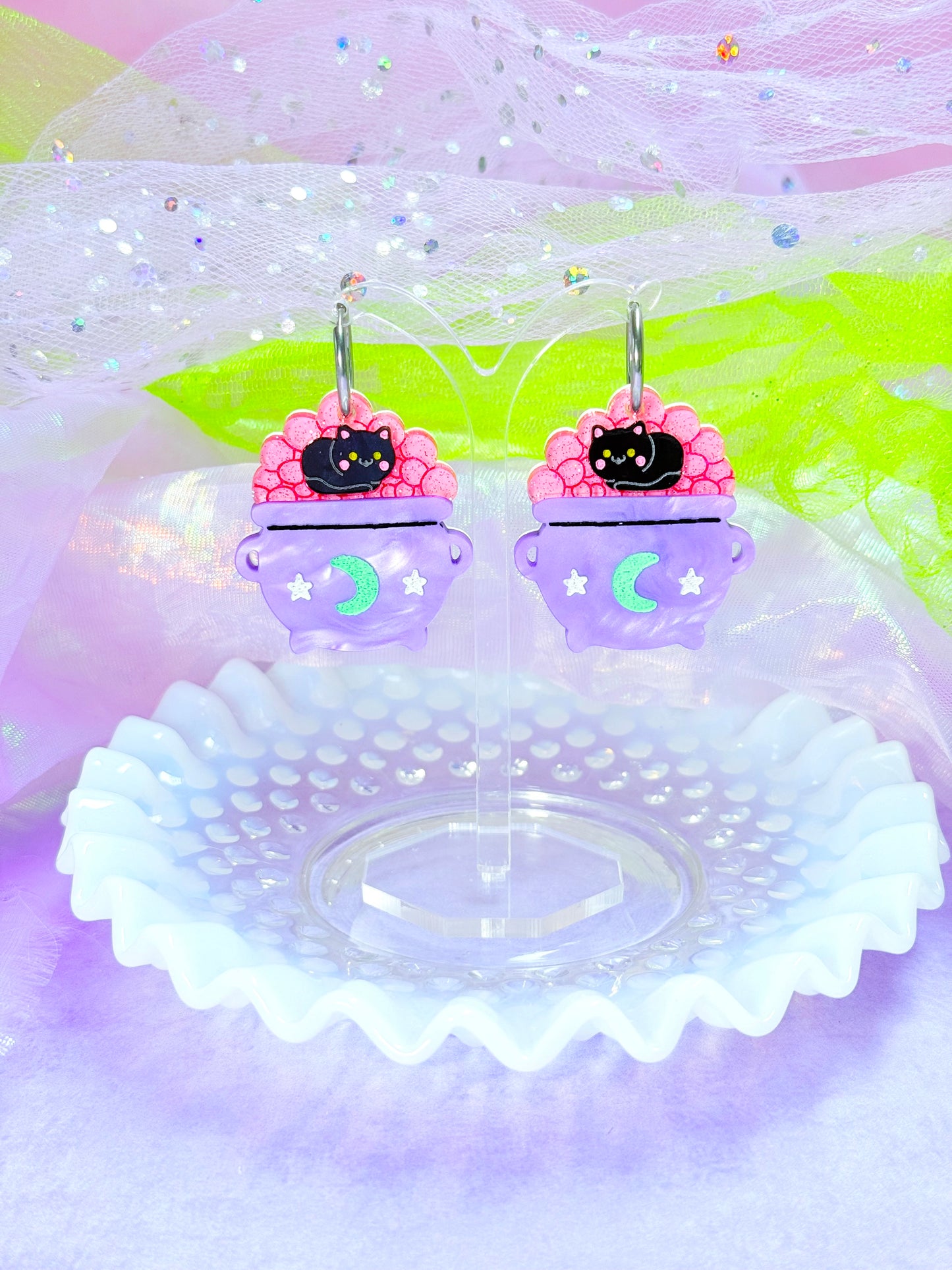 Kitty Cauldron Acrylic Earrings
