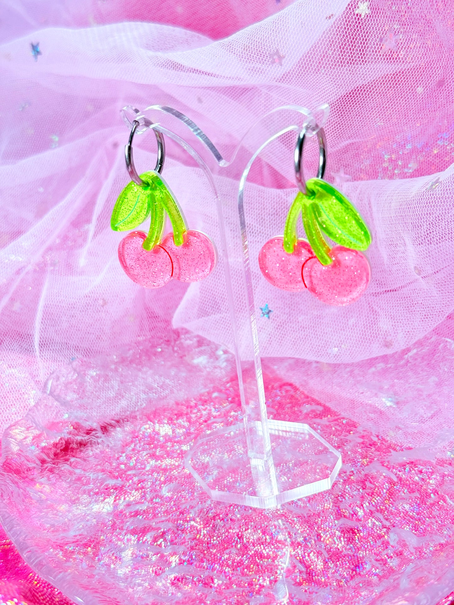 Candy Cherries, Acrylic Earrings (Pink)