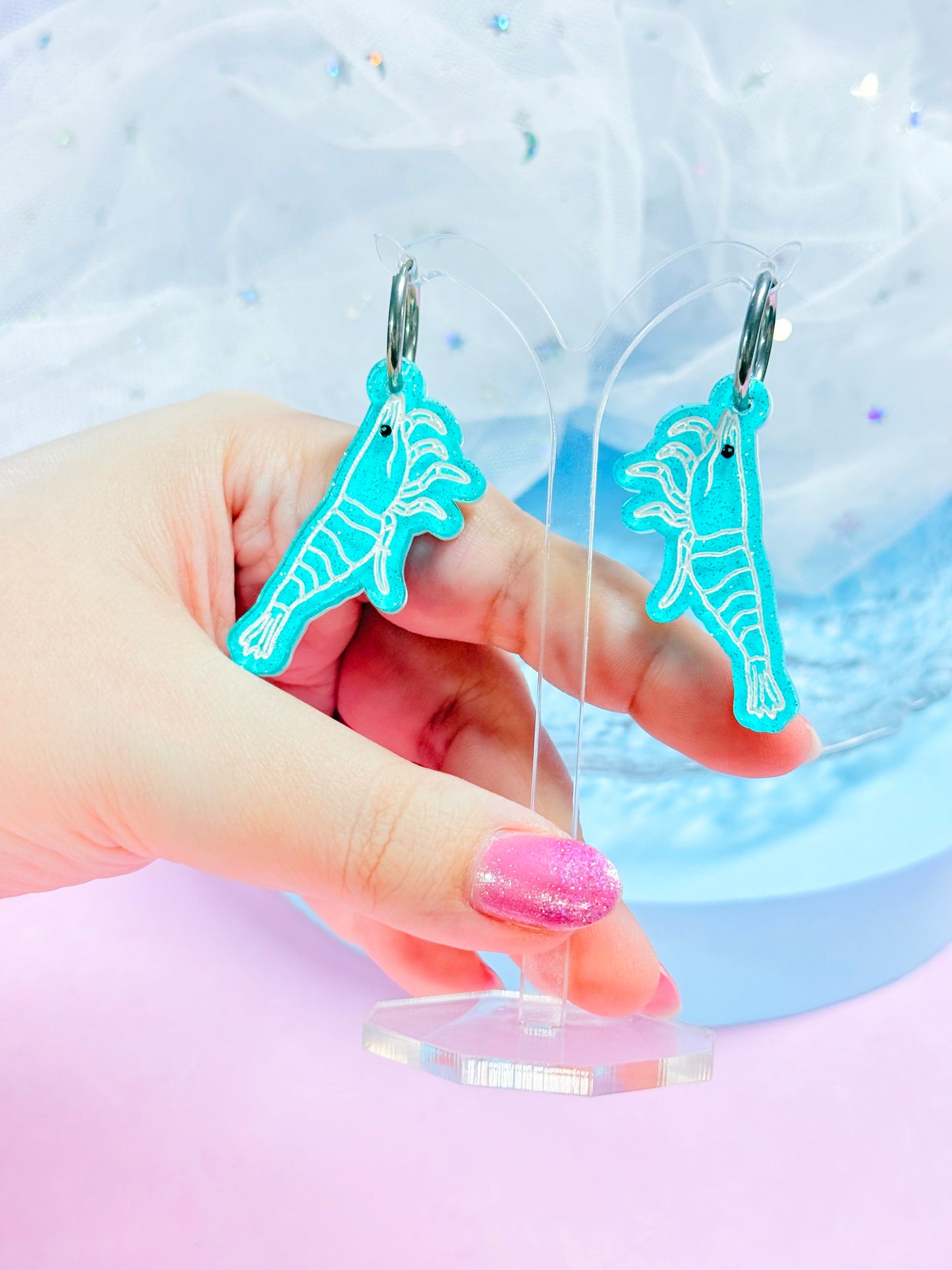 Jelly Shrimp Acrylic Earrings (Blue)