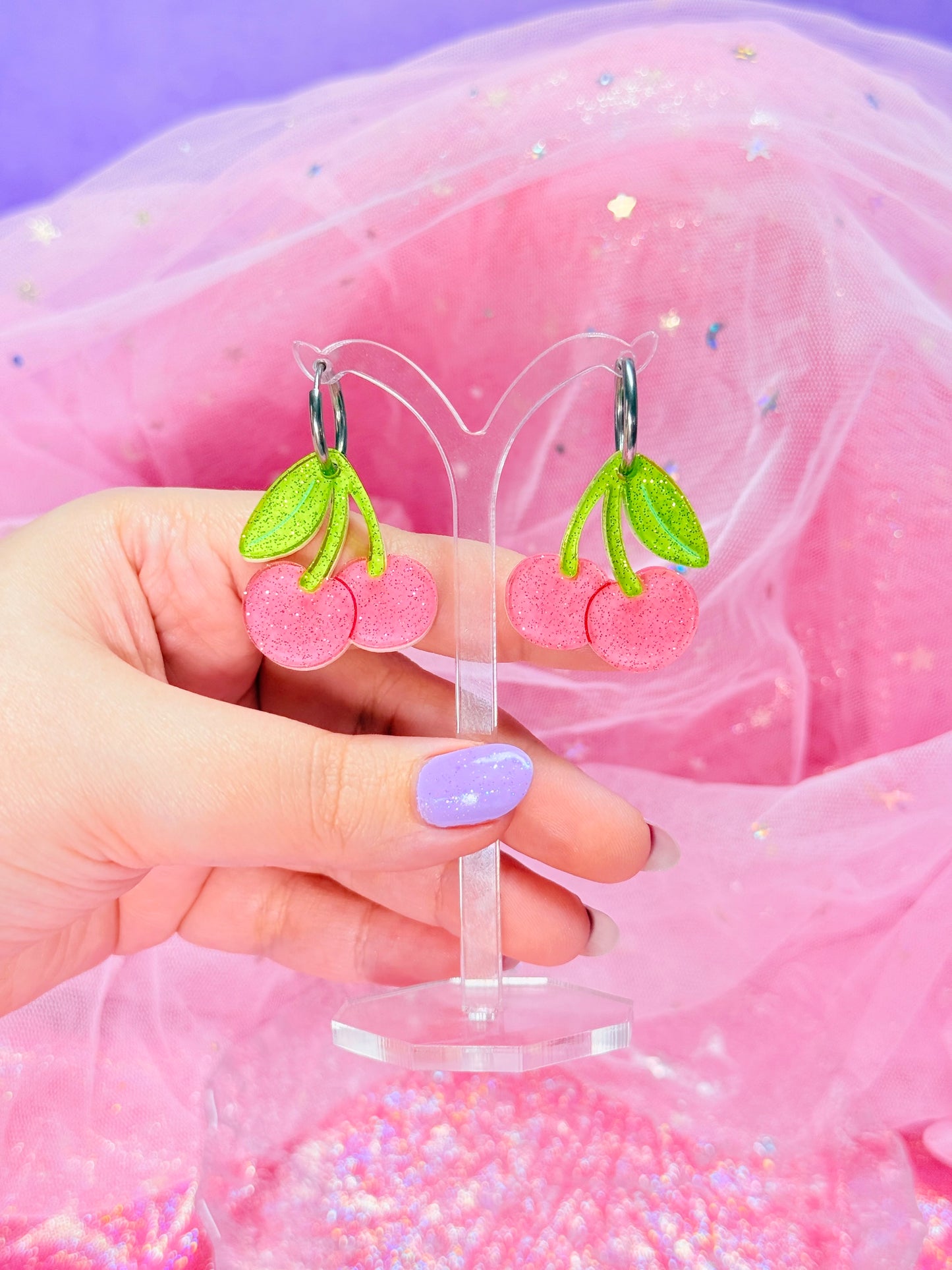 Candy Cherries, Acrylic Earrings (Pink)
