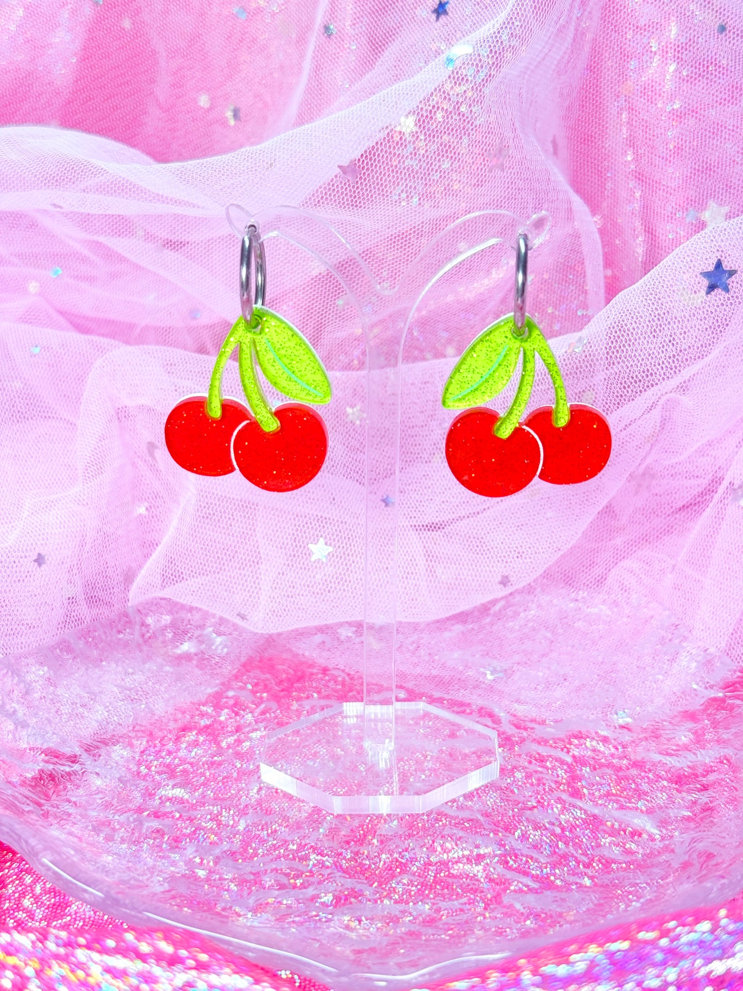 Candy Cherries, Acrylic Earrings (Red)