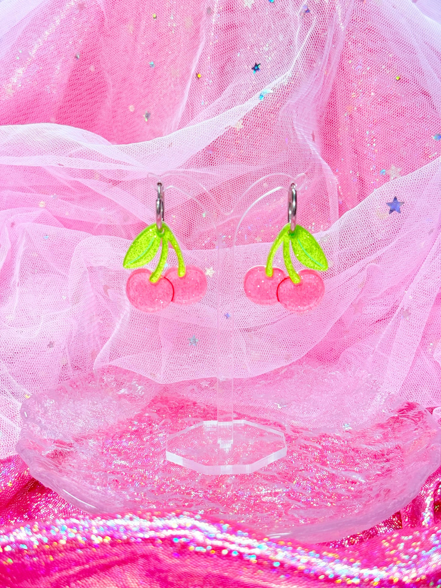 Candy Cherries, Acrylic Earrings (Pink)