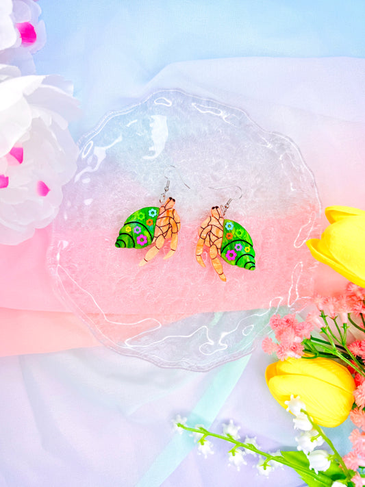 Hermit Crab Acrylic Earrings (Rainbow Floral)