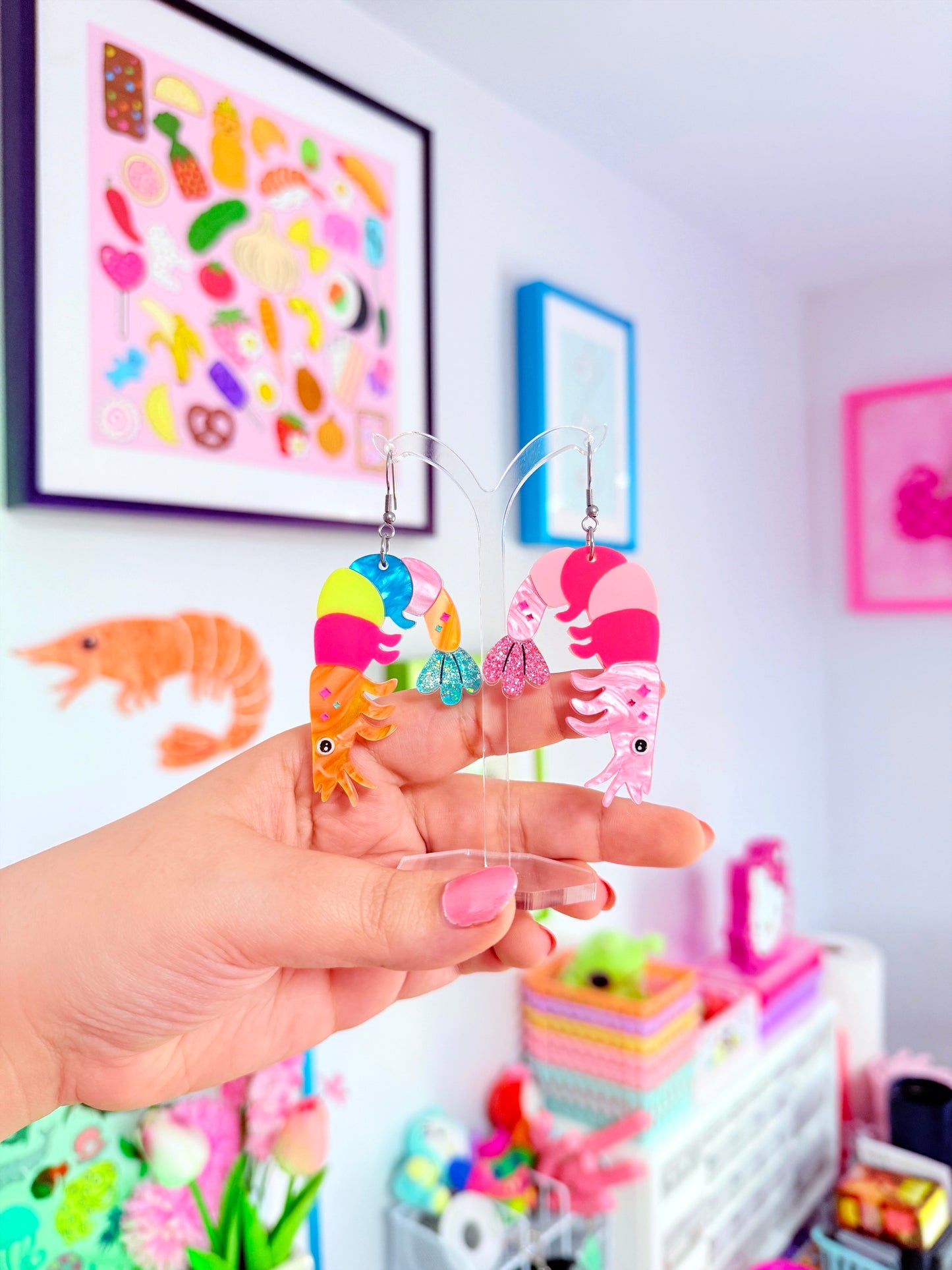 Funky Shrimp, Acrylic Earrings