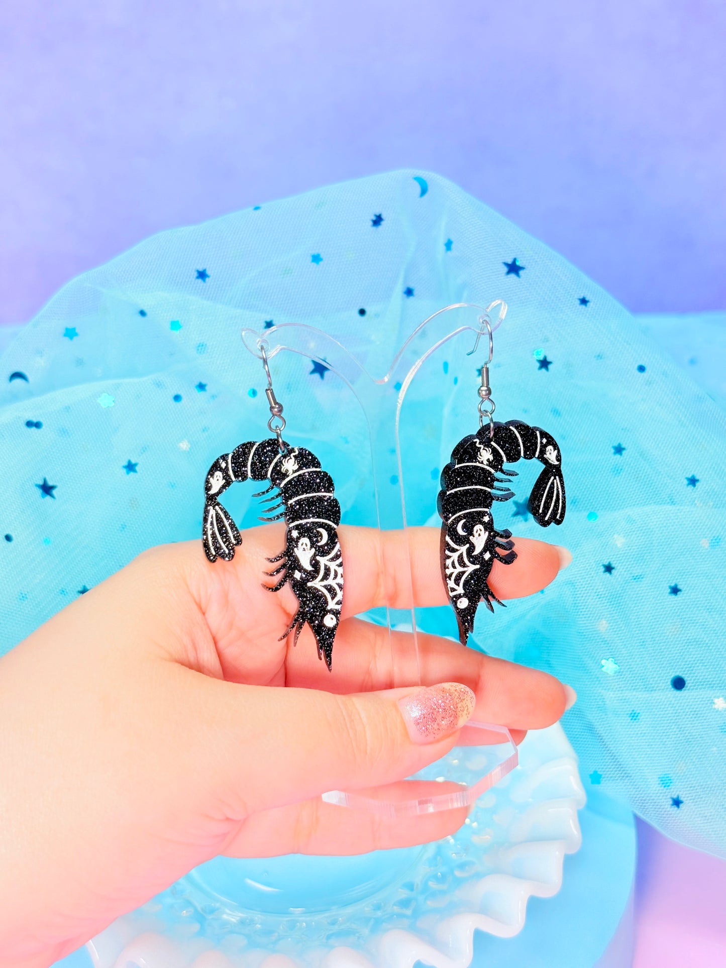 Haunted Shrimp, Acrylic Earrings