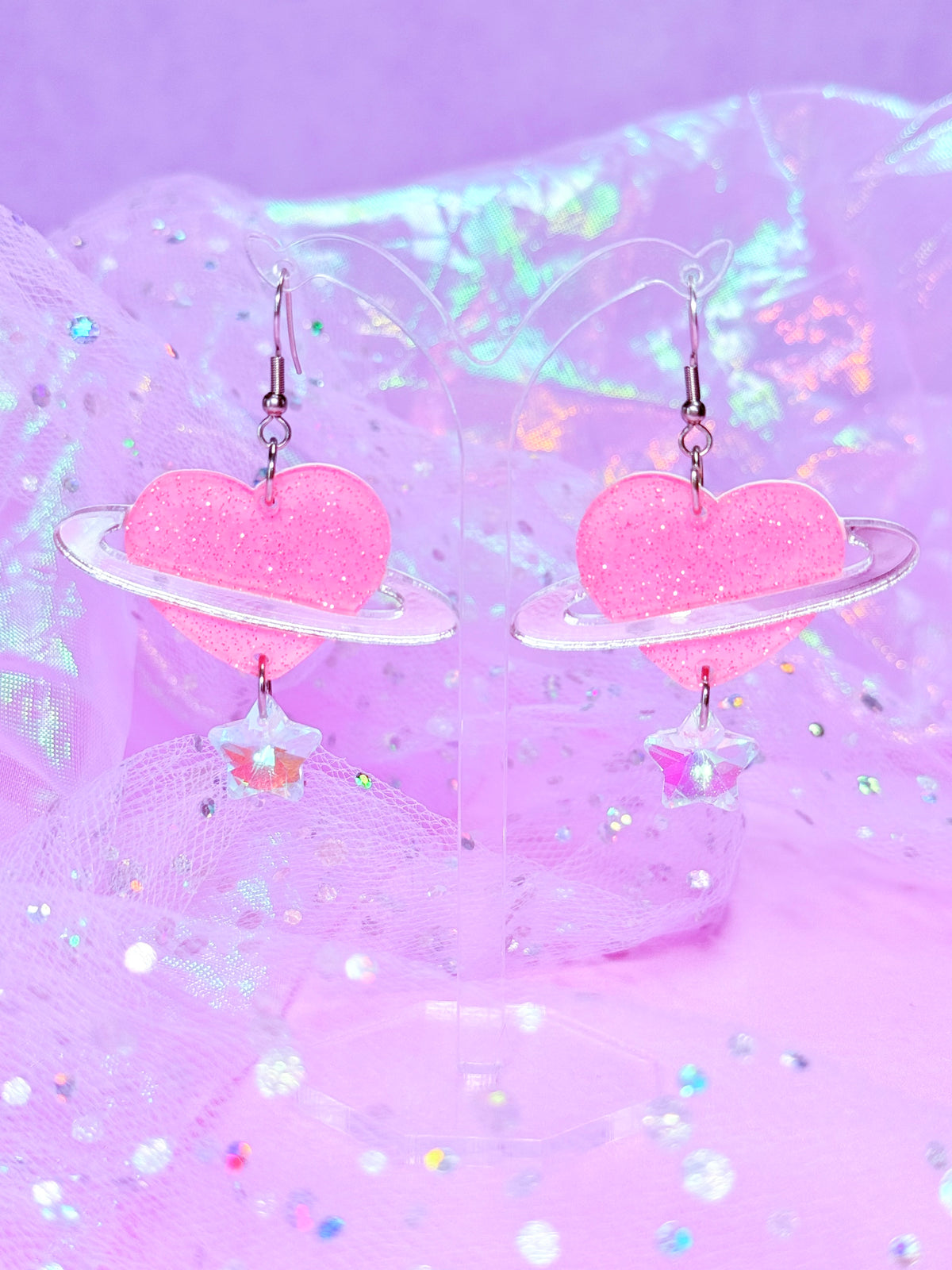 Heart Planet Acrylic Earrings (Pink)