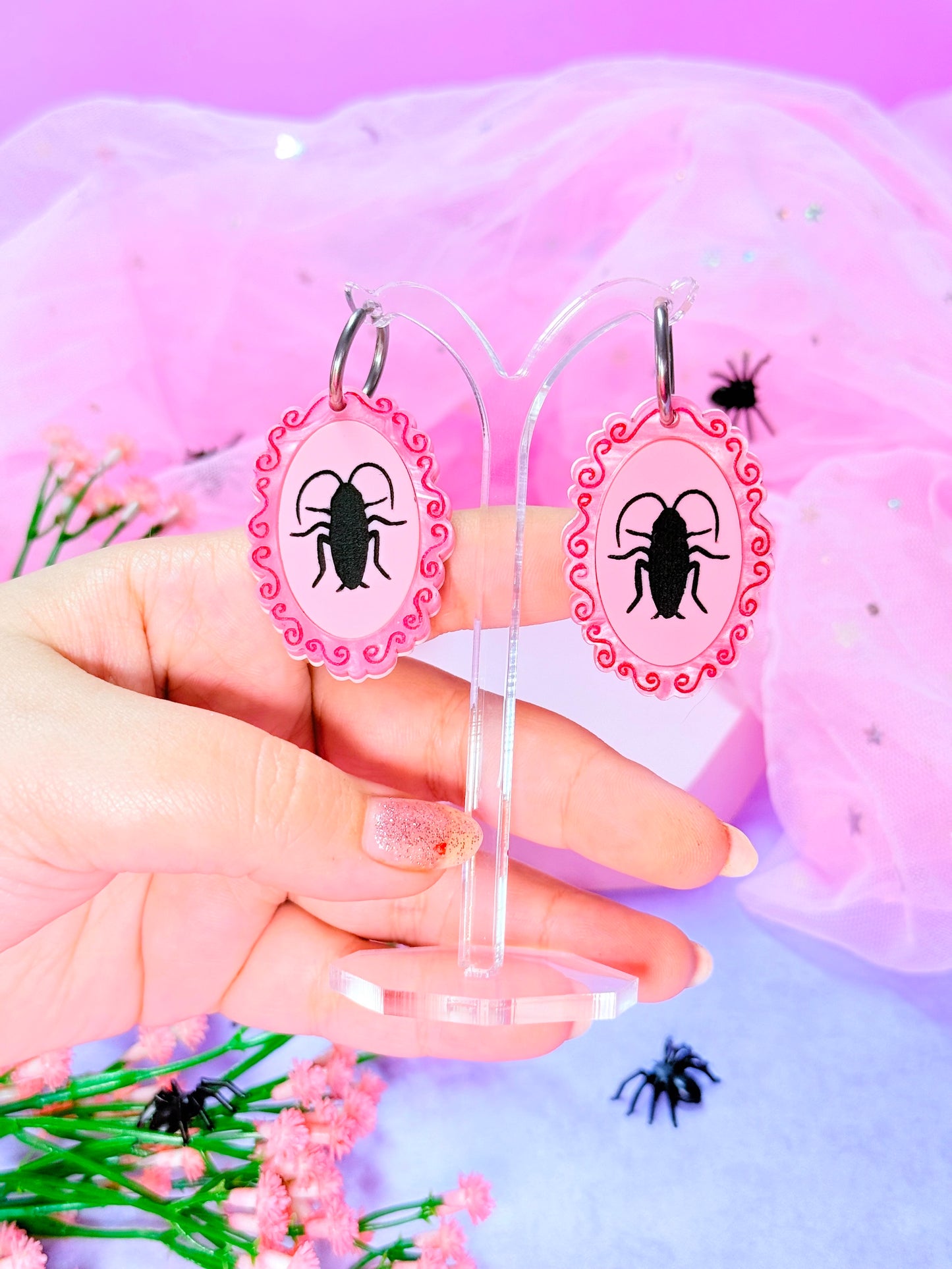 Cutesy Cockroach Acrylic Earrings (pinky pink)
