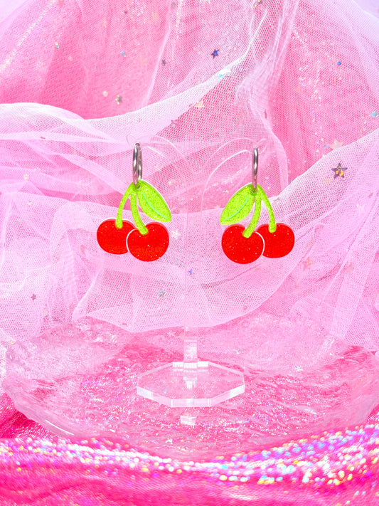 Candy Cherries, Acrylic Earrings (Red)