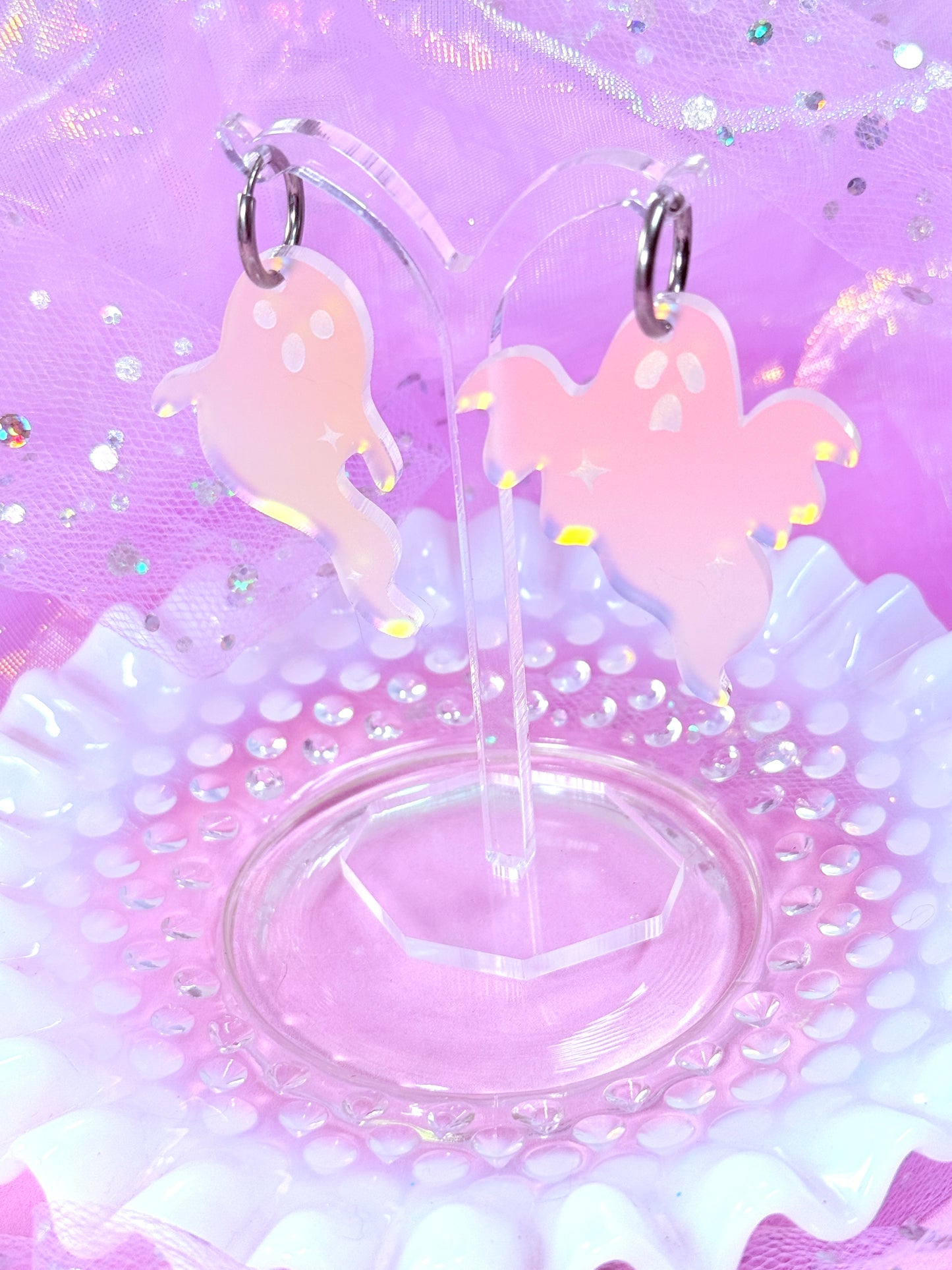 Funky Ghost Acrylic Earrings (Iridescent)