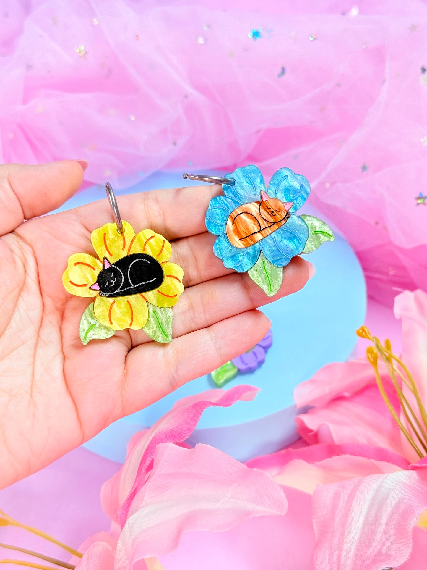 Purrfect Petals, Kitty Acrylic Earrings