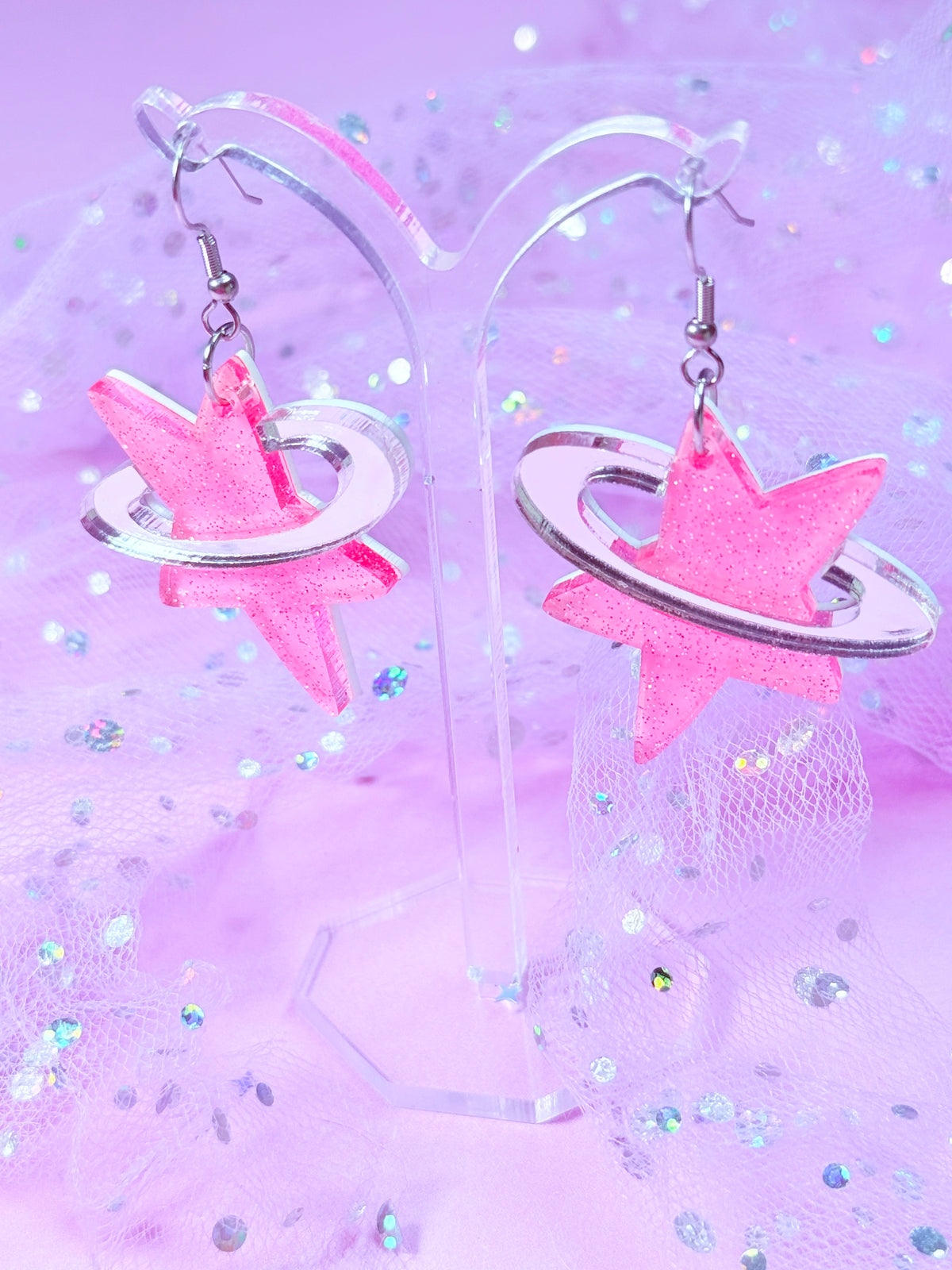 Y2K Cosmic Star Acrylic Earrings (Pink)