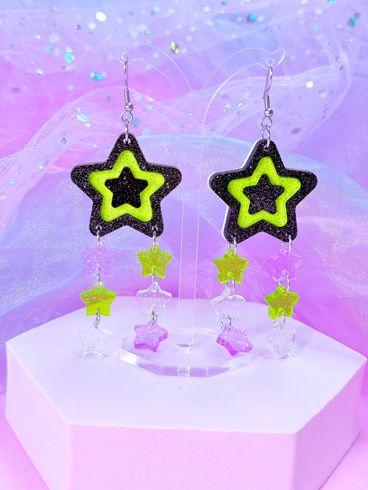 Funky Y2K Star Drop Earrings (Dark Neon)
