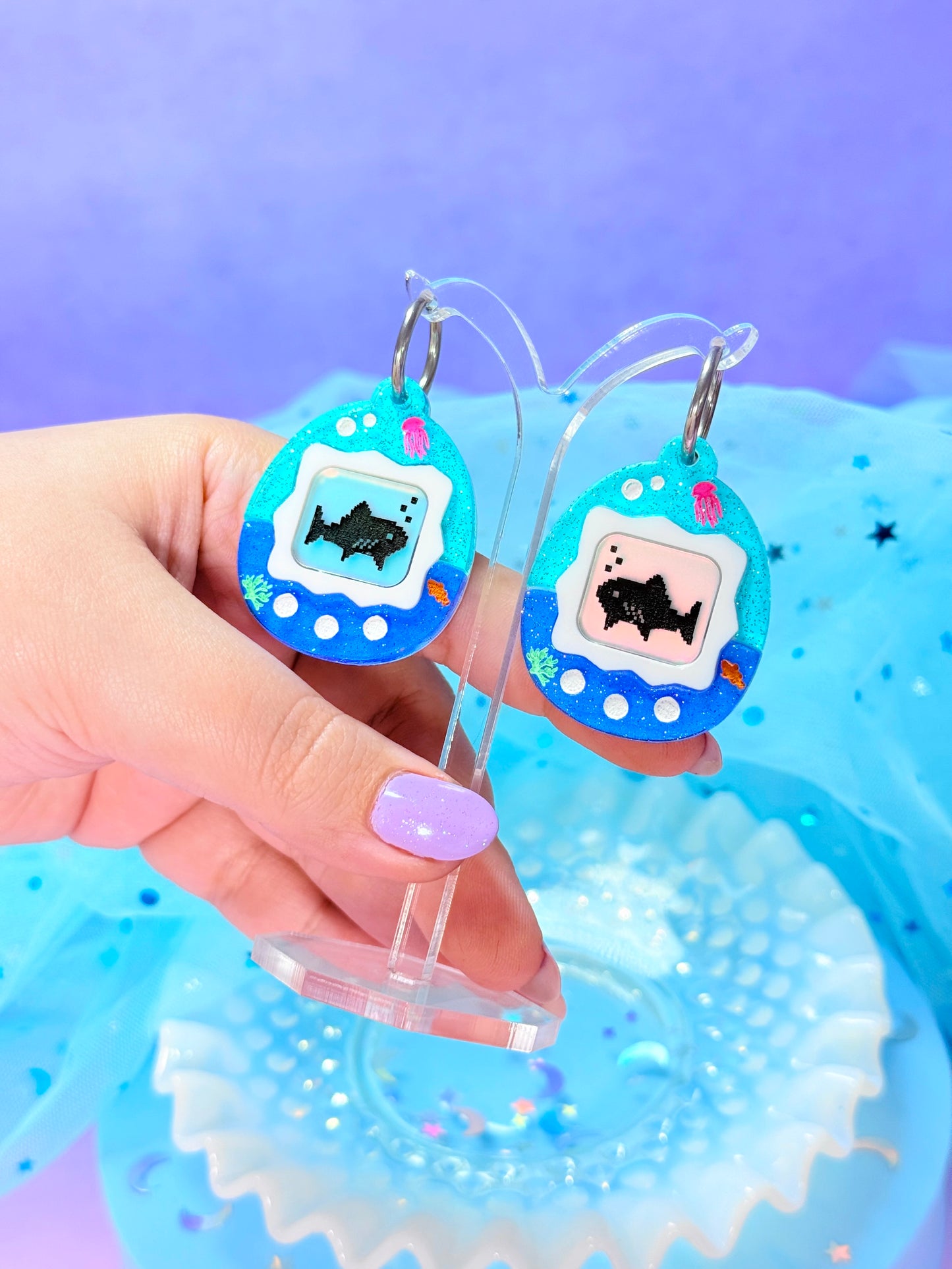 Virtual Pet Shark Acrylic Earrings