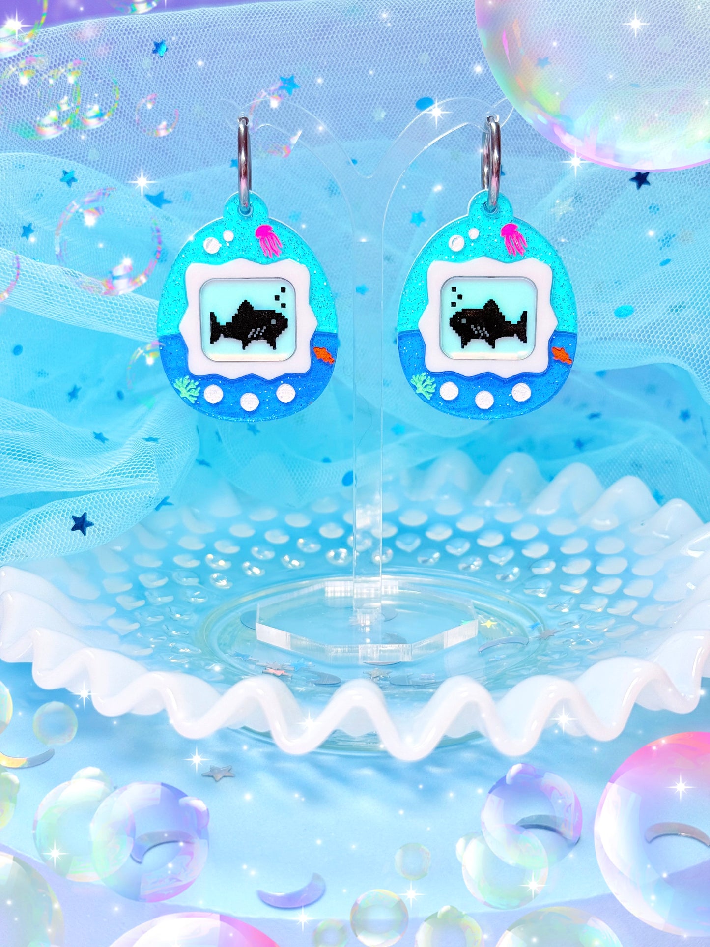 Virtual Pet Shark Acrylic Earrings