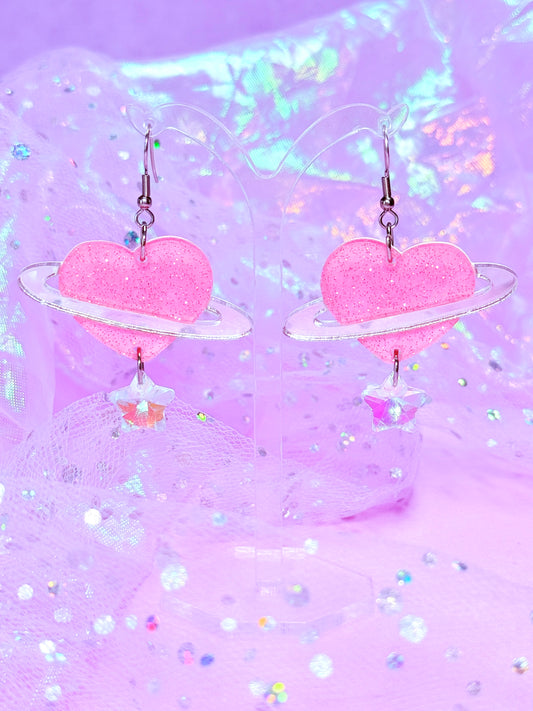 Heart Planet Acrylic Earrings (Pink)