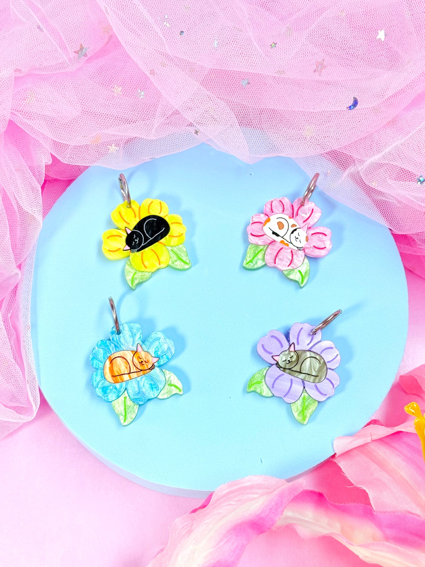 Purrfect Petals, Kitty Acrylic Earrings