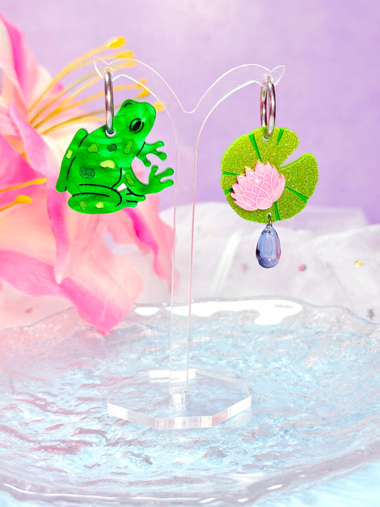 Frog and Lily Pad Acrylic Earrings