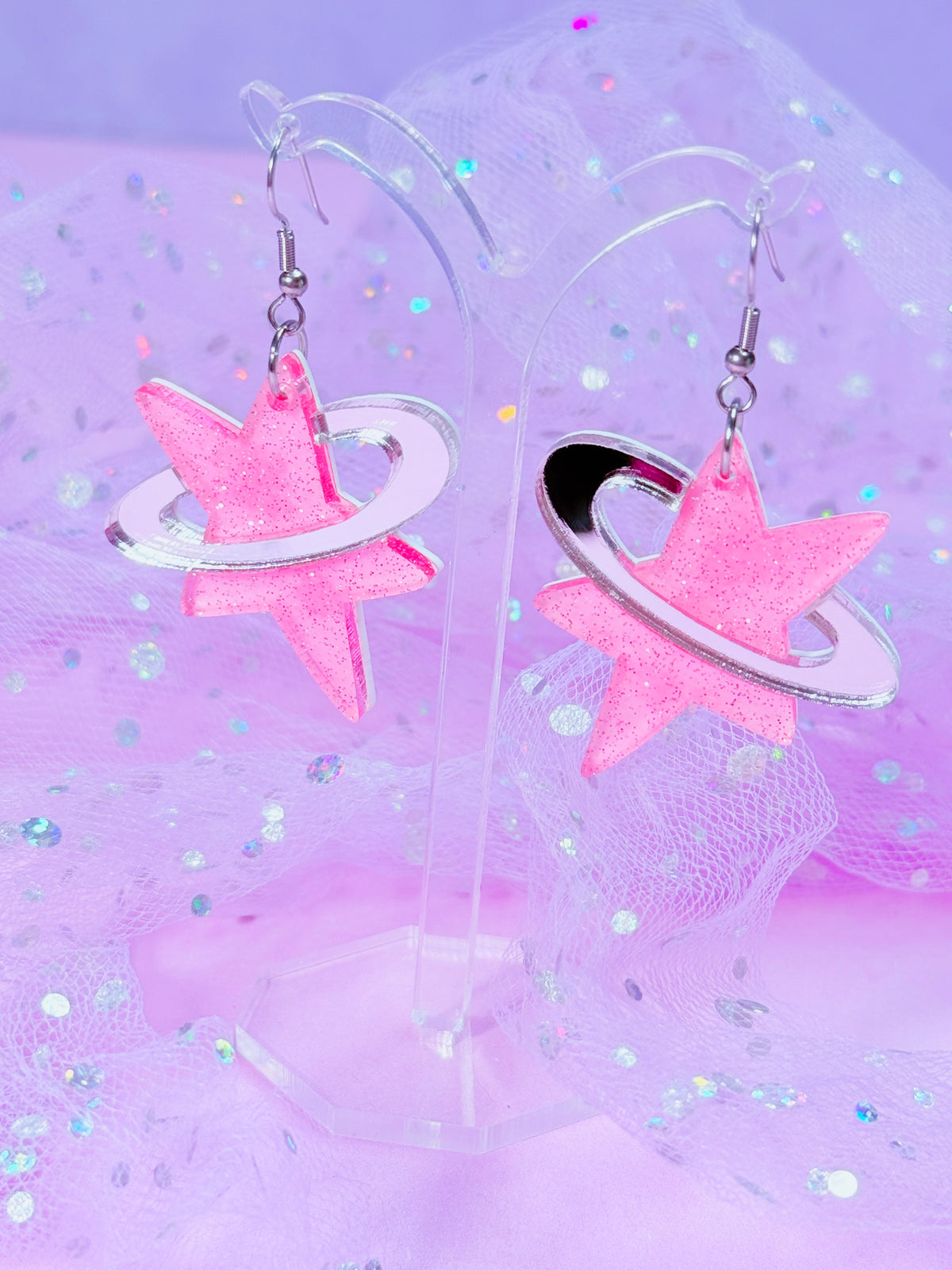 Y2K Cosmic Star Acrylic Earrings (Pink)