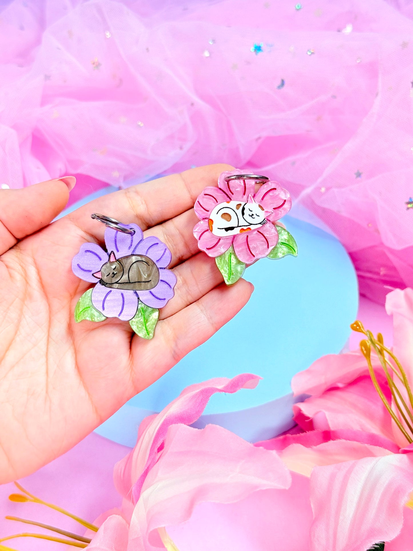 Purrfect Petals, Kitty Acrylic Earrings