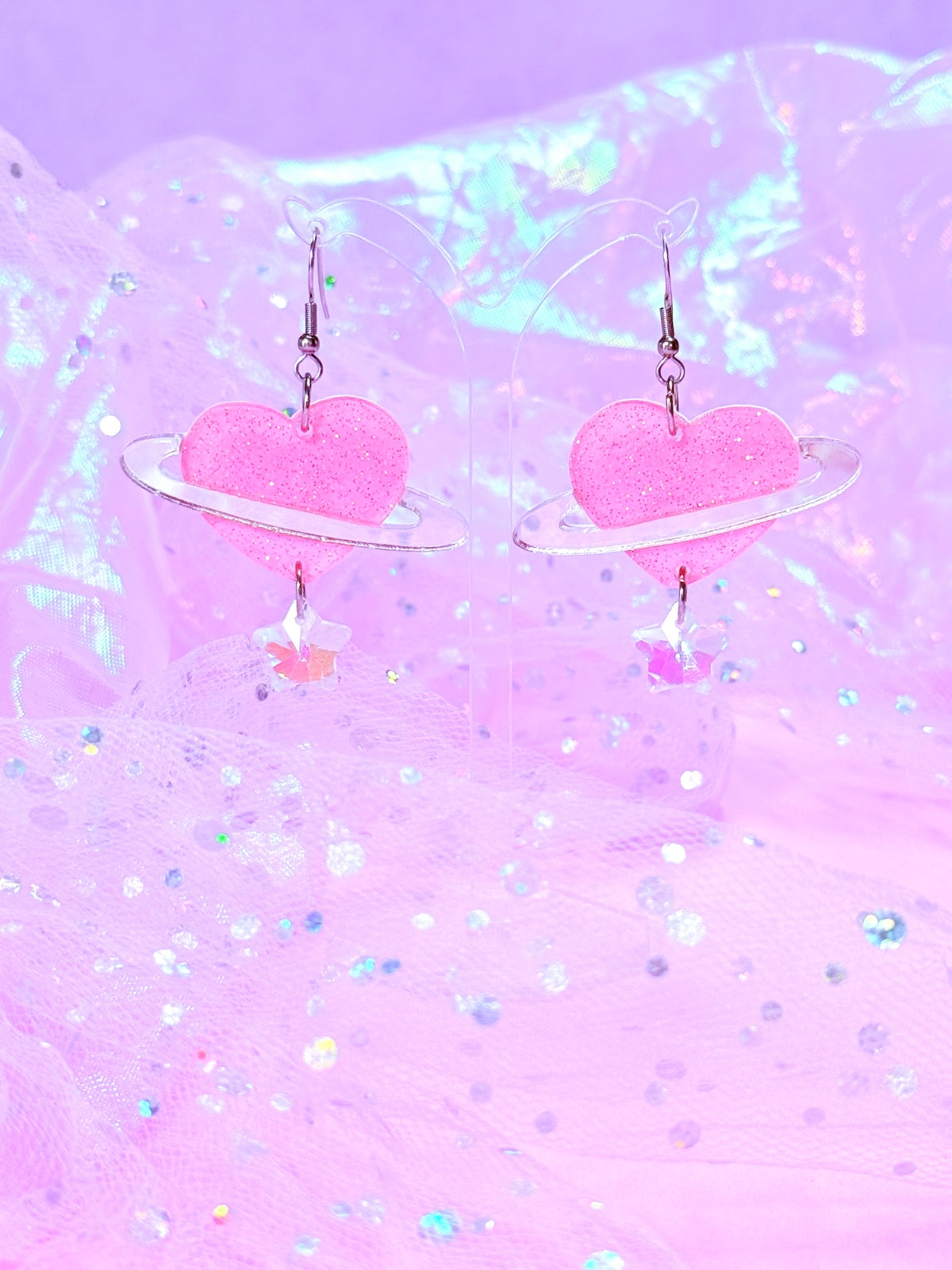 Heart Planet Acrylic Earrings (Pink)