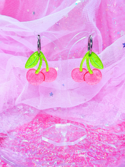 Candy Cherries, Acrylic Earrings (Pink)