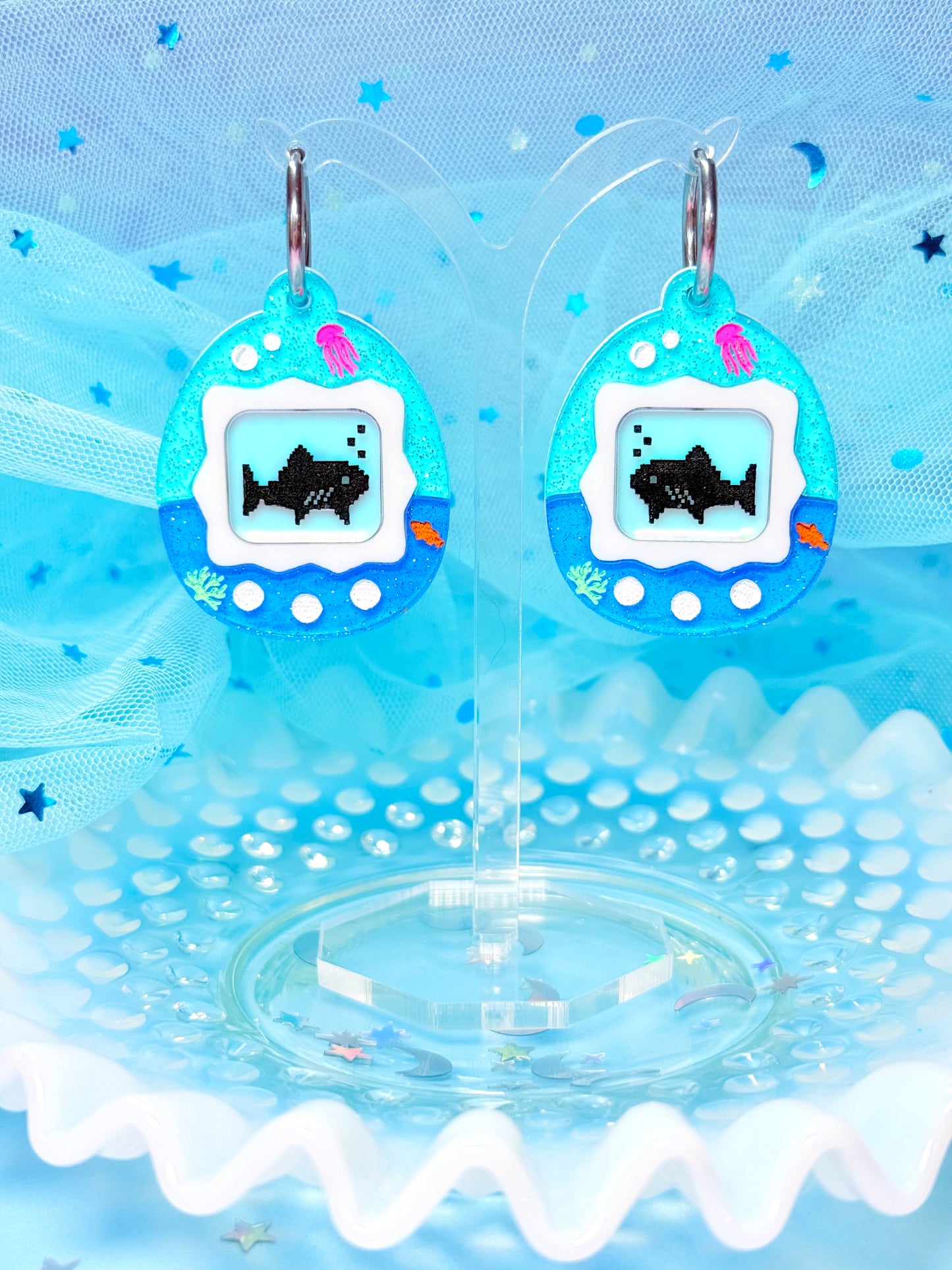 Virtual Pet Shark Acrylic Earrings