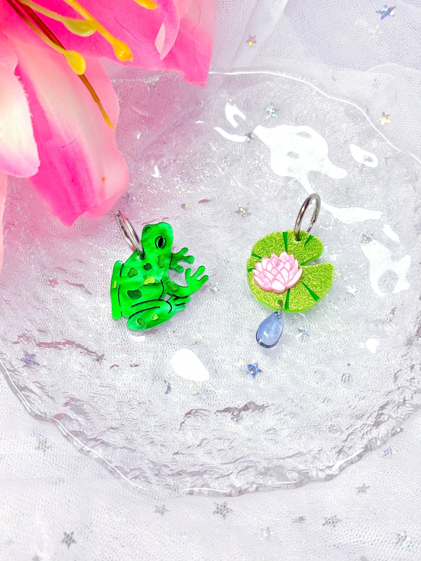 Frog and Lily Pad Acrylic Earrings